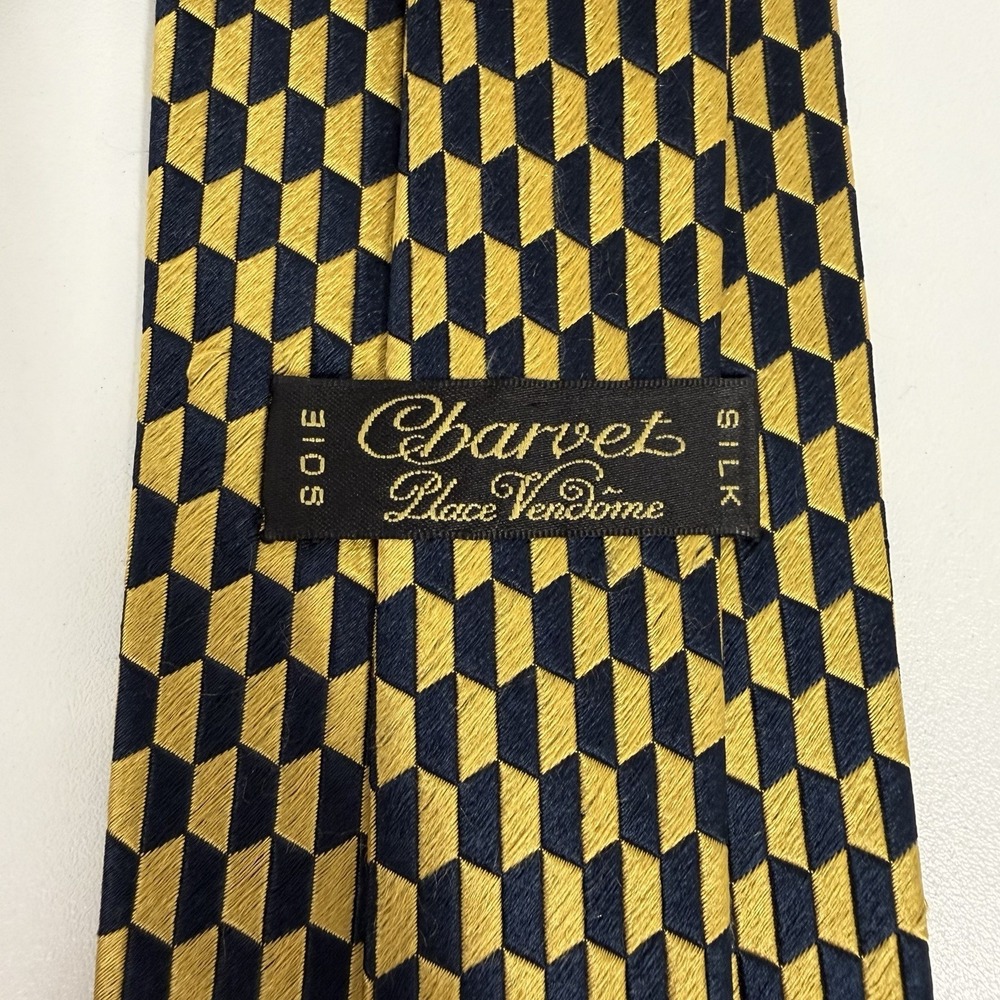 Charvet Place Vendome Mens Tie Geometric Navy & Gold Silk 3 5/8" (W) x 58.5" (L)